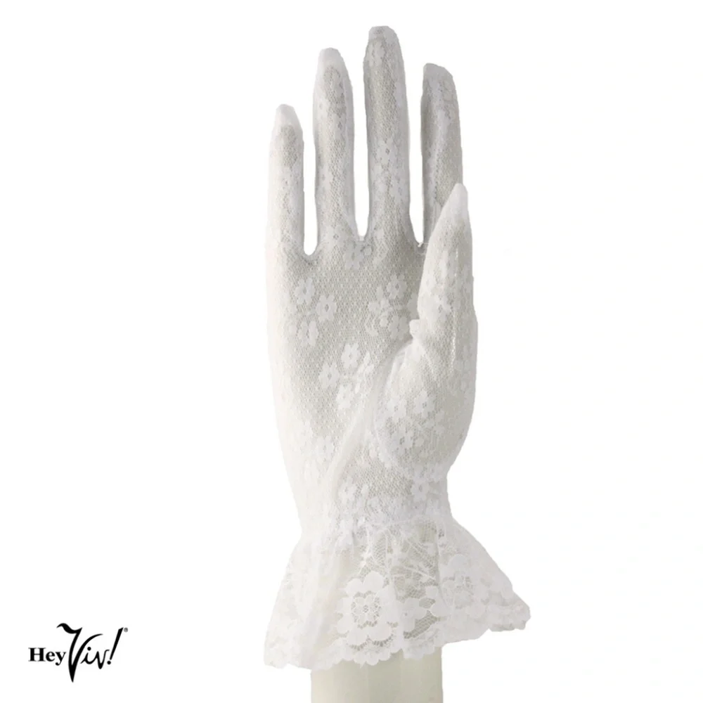 Lace Gloves w Wrist Ruffle in White Red Ivory Black Retro Party Wedding -Hey Viv